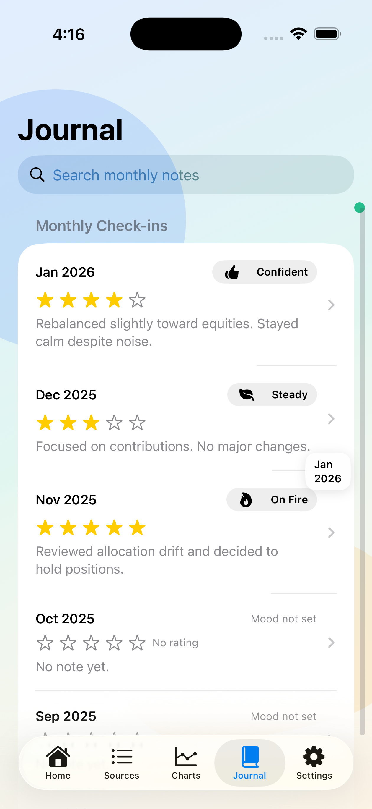 Goals tracking screen with financial targets, progress bars, and estimated time to completion